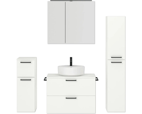 Badmöbel-Set NOBILIA Modern BxHxT 160 x 169,1 x 49 cm Frontfarbe weiß mit Spiegelschrank mit LED-Beleuchtung Unterschrank Midischrank Griff schwarz 680 Badezimmergarnitur mit Waschtisch, Aufsatzwaschbecken, Spiegelschrank und Hochschrank