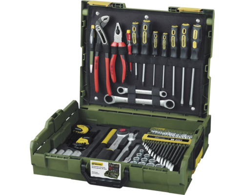 Geöffneter Werkzeugkoffer mit verschiedenen Werkzeugen wie Schraubendrehern, Zangen und Schraubenschlüsseln.