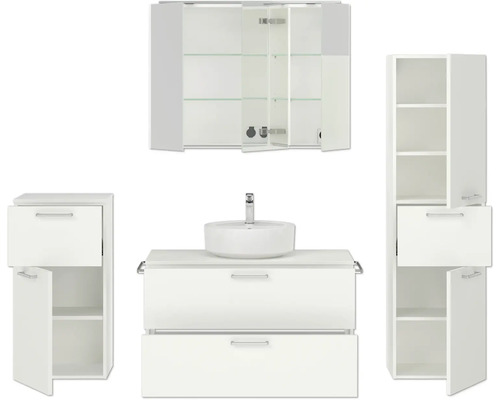 Weißes Badezimmer-Set mit Waschtisch, Waschbecken, Spiegelschrank und Hochschrank