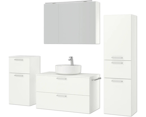 Badezimmer Möbelset mit Waschtisch, Waschbecken, Spiegelschrank und Hochschrank