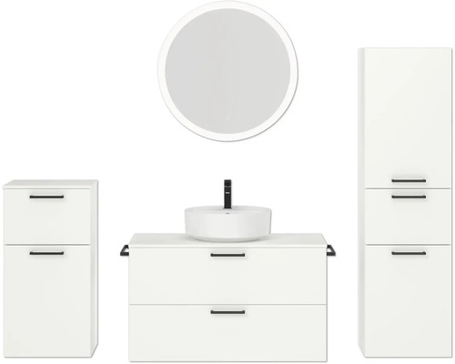 Badmöbel-Set NOBILIA Modern BxHxT 180 x 169,1 x 49 cm Frontfarbe weiß mit Spiegel rund mit LED-Beleuchtung Unterschrank Midischrank Griff schwarz 744