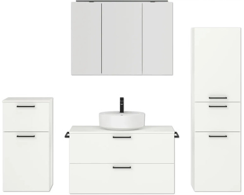 Badmöbel-Set NOBILIA Modern BxHxT 180 x 169,1 x 49 cm Frontfarbe weiß mit Spiegelschrank mit LED-Beleuchtung Unterschrank Midischrank Griff schwarz 736 Badezimmer-Set mit Waschtisch, Waschbecken, Spiegelschrank und Hochschrank