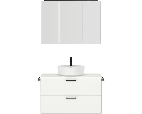 Badmöbel-Set NOBILIA Modern BxHxT 100 x 169,1 x 49 cm Frontfarbe weiß mit Spiegelschrank mit LED-Beleuchtung Griff schwarz 712
