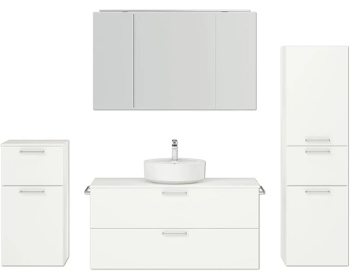Badmöbel-Set NOBILIA Modern BxHxT 200 x 169,1 x 49 cm Frontfarbe weiß mit Spiegelschrank mit LED-Beleuchtung Unterschrank Midischrank Griff chrom matt 793 Badezimmer-Set mit Waschtisch, Aufsatzwaschbecken, Spiegelschrank und zwei Hochschränken