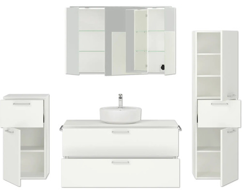 Weißes Badezimmermöbelset mit Waschtischunterschrank, Aufsatzwaschbecken, Spiegelschrank und Hochschränken.