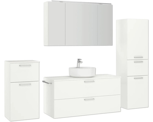 Weißes Badezimmermöbel-Set mit Waschtisch, Spiegel und Schränken