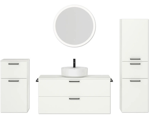 Badmöbel-Set NOBILIA Modern BxHxT 200 x 169,1 x 49 cm Frontfarbe weiß mit Spiegel rund mit LED-Beleuchtung Unterschrank Midischrank Griff schwarz 800 Weißer Waschtisch mit rundem Spiegel und Hochschrank für das Badezimmer