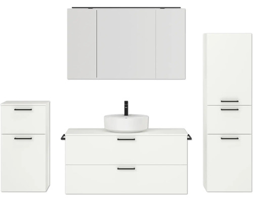 Badmöbel-Set NOBILIA Modern BxHxT 200 x 169,1 x 49 cm Frontfarbe weiß mit Spiegelschrank mit LED-Beleuchtung Unterschrank Midischrank Griff schwarz 792 Modernes Badezimmer-Set mit Waschtisch, Waschbecken, Spiegelschrank und Hochschrank
