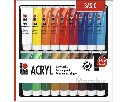 Jeu de peintures acryliques Marabu Basic 18x 36 ml Marabu Set de peintures acryliques Basic avec 18 tubes
