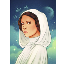 Gemälde von Prinzessin Leia mit Raumschiffen und Todesstern im Hintergrund