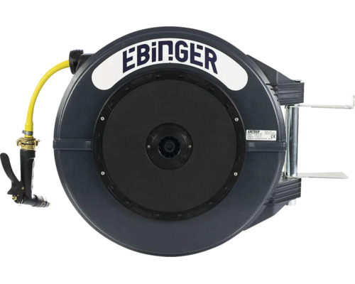 Ebinger Automatik-Schlauchaufroller aus Kunststoff mit gelbem Schlauch, Spritzdüse und Wandhalterung.