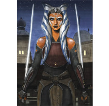 Peinture d''Ahsoka Tano avec deux sabres laser devant un paysage urbain