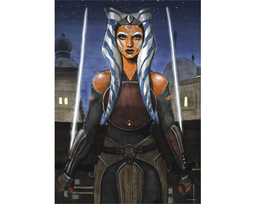 Peinture d''Ahsoka Tano avec deux sabres laser devant un paysage urbain