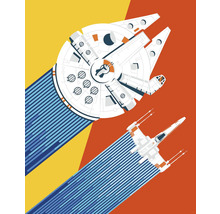 Illustration de deux vaisseaux spatiaux sur fond coloré