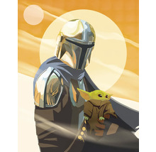 Illustration d''un Mandalorien avec une figurine de Bébé Yoda devant un paysage désertique