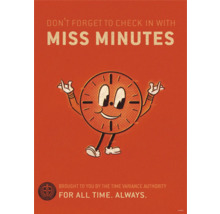 Illustration avec le texte : N''oubliez pas de vous enregistrer auprès de Miss Minutes.