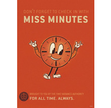 Affiche de dessin animé avec le texte : N’oubliez pas de vous enregistrer auprès de Miss Minutes
