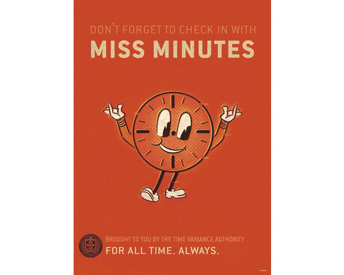 Affiche de dessin animé avec le texte : N’oubliez pas de vous enregistrer auprès de Miss Minutes