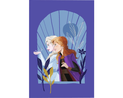 Illustration des personnages Elsa et Anna du film La Reine des neiges avec un oiseau