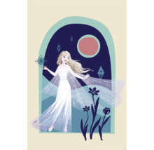 Illustration de la Reine des Neiges Elsa avec un flocon de neige dans un cadre de fenêtre
