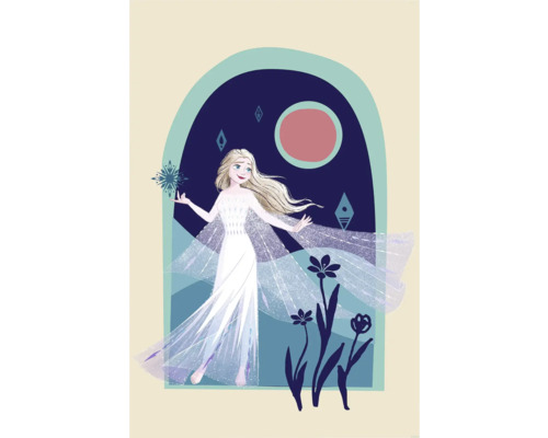 Illustration de la Reine des Neiges Elsa avec un flocon de neige dans un cadre de fenêtre