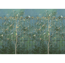 Papier peint avec motif d''arbre à oiseaux et design de clôture