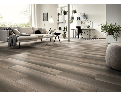 Salon lumineux avec parquet, canapé, table et espace de travail