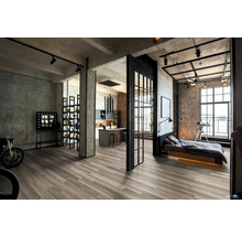 Loft avec espace de vie ouvert, cuisine et chambre dans un style industriel moderne