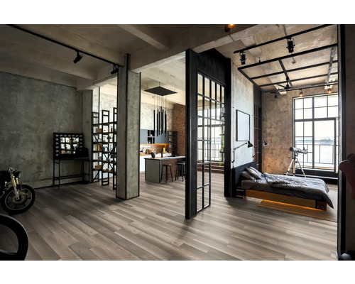 Loft avec espace de vie ouvert, cuisine et chambre dans un style industriel moderne
