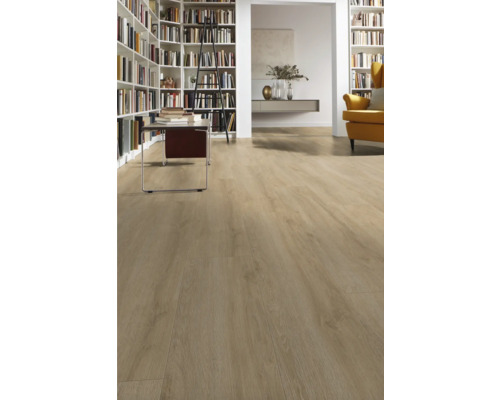 Heller Holzboden in einem Wohnzimmer mit Bücherregalen