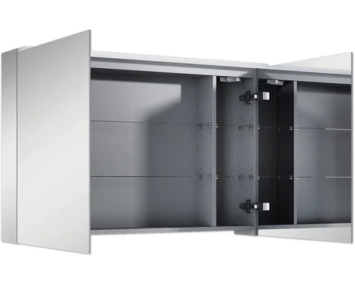 Armoire de toilette ouverte avec étagères en verre