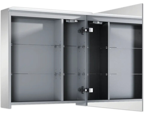 Armoire de toilette ouverte avec étagères
