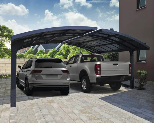 Double abri de voiture en métal avec deux véhicules stationnés