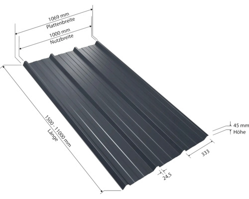 PRECIT Trapezplatte für Dach W45LR Anthrazitgrau RAL 7016 Fix-Breite 1069 mm x Stärke 0,5 mm (Meterware ab 150 bis max. 900 cm)