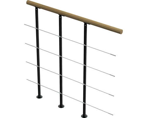Garde-corps avec main courante en bois et câbles en acier inoxydable
