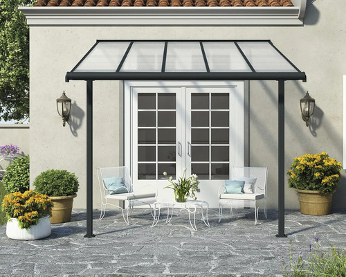 Terrassenüberdachung CANOPIA by Palram Sierra 3x10.35 314 x 295 cm anthrazit Terrasse mit Überdachung, Gartenmöbeln und Pflanzen