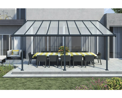 Terrassenüberdachung CANOPIA by Palram Sierra 3x5.46 555 x 295 cm anthrazit Terrasse mit Terrassenüberdachung, Tisch und Stühlen