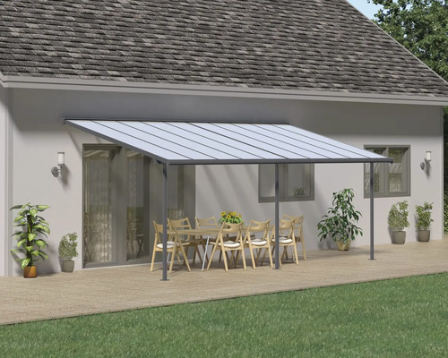 Terrassenüberdachung CANOPIA by Palram Sierra 3x6.10 619 x 295 cm anthrazit Terrassenüberdachung mit Tisch und Stühlen im Garten