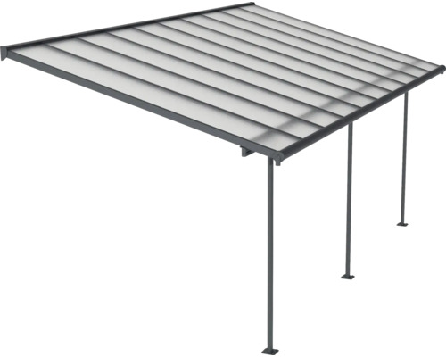 Terrassenüberdachung mit transparentem Dach und Stützpfosten