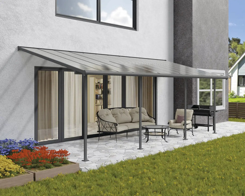 Terrassenüberdachung CANOPIA by Palram Sierra 3x7.30 739 x 295 cm anthrazit Terrassenüberdachung mit Gartenmöbeln auf Terrasse