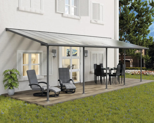 Terrassenüberdachung CANOPIA by Palram Sierra 3x8.51 860 x 295 cm anthrazit Terrassenüberdachung mit Gartenmöbeln auf Terrasse