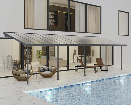 Toiture pour terrasse CANOPIA by Palram Feria 3x9.15 924 x 295 cm anthracite Coin salon couvert avec mobilier de jardin au bord de la piscine