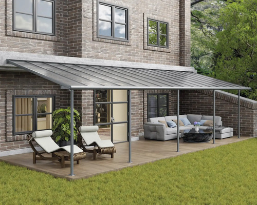 Terrassenüberdachung CANOPIA by Palram Feria 3x9.71 971 x 295 cm anthrazit Terrassenüberdachung mit Sitzgruppe und Liegestühlen im Garten
