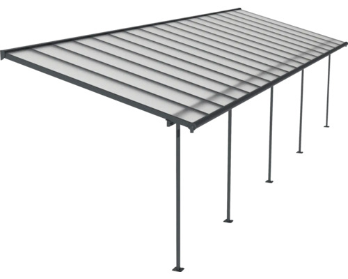 Terrassenüberdachung mit transparentem Dach und dunklem Rahmen