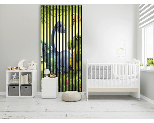 Kinderzimmer mit Wandpaneel mit Dinosaurier Motiv, Kinderbett und Aufbewahrungsmöbeln