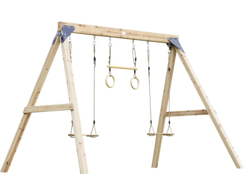 Holzschaukel mit zwei Schaukelsitzen und Turnringen für den Garten