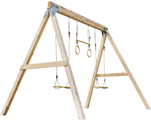Holzschaukelgerüst mit zwei Schaukeln, Turnringen und Reckstange
