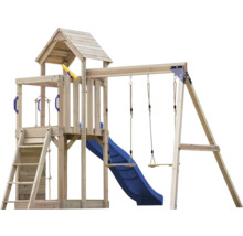 Holzspillturm mat Rutsch a Schaukel fir dobaussen