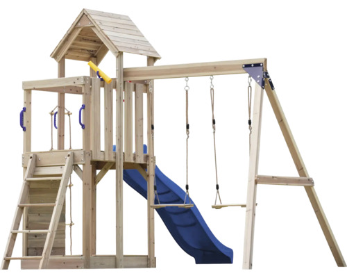 Holzspillturm mat Rutsch a Schaukel fir dobaussen