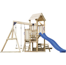 Aire de jeux avec balançoire et toboggan en bois